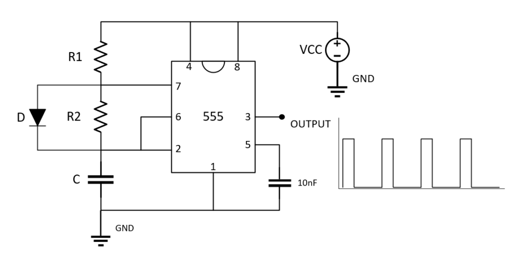 Constructed 555 Oscillator with Duty Cycle of less than 50%